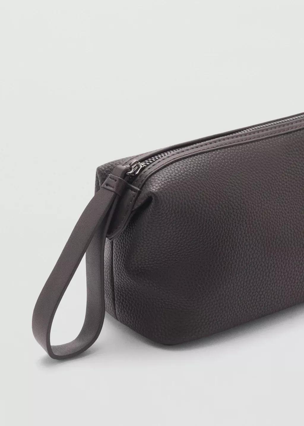 Brown Grained Cosmetic Bag With Contrast Handle, Brown, large image number 0