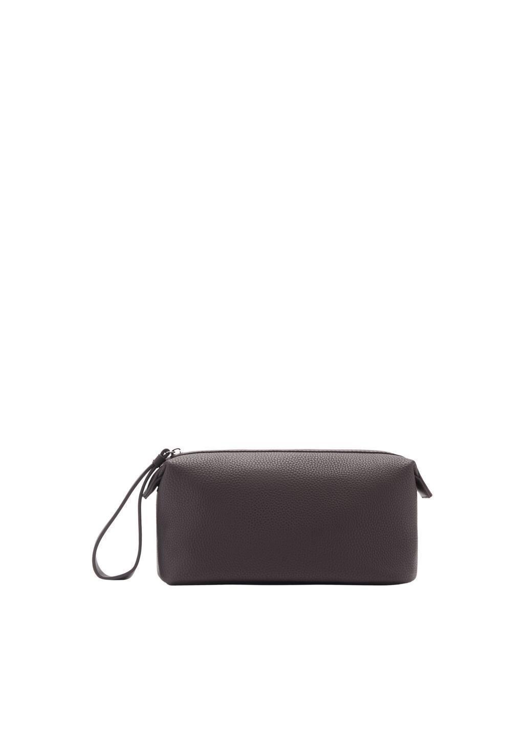 Brown Grained Cosmetic Bag With Contrast Handle, Brown, large image number 2