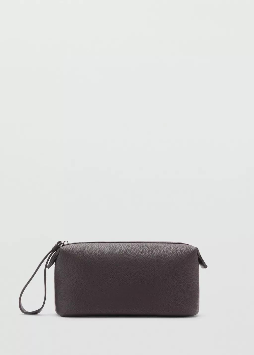 Brown Grained Cosmetic Bag With Contrast Handle, Brown, large image number 4