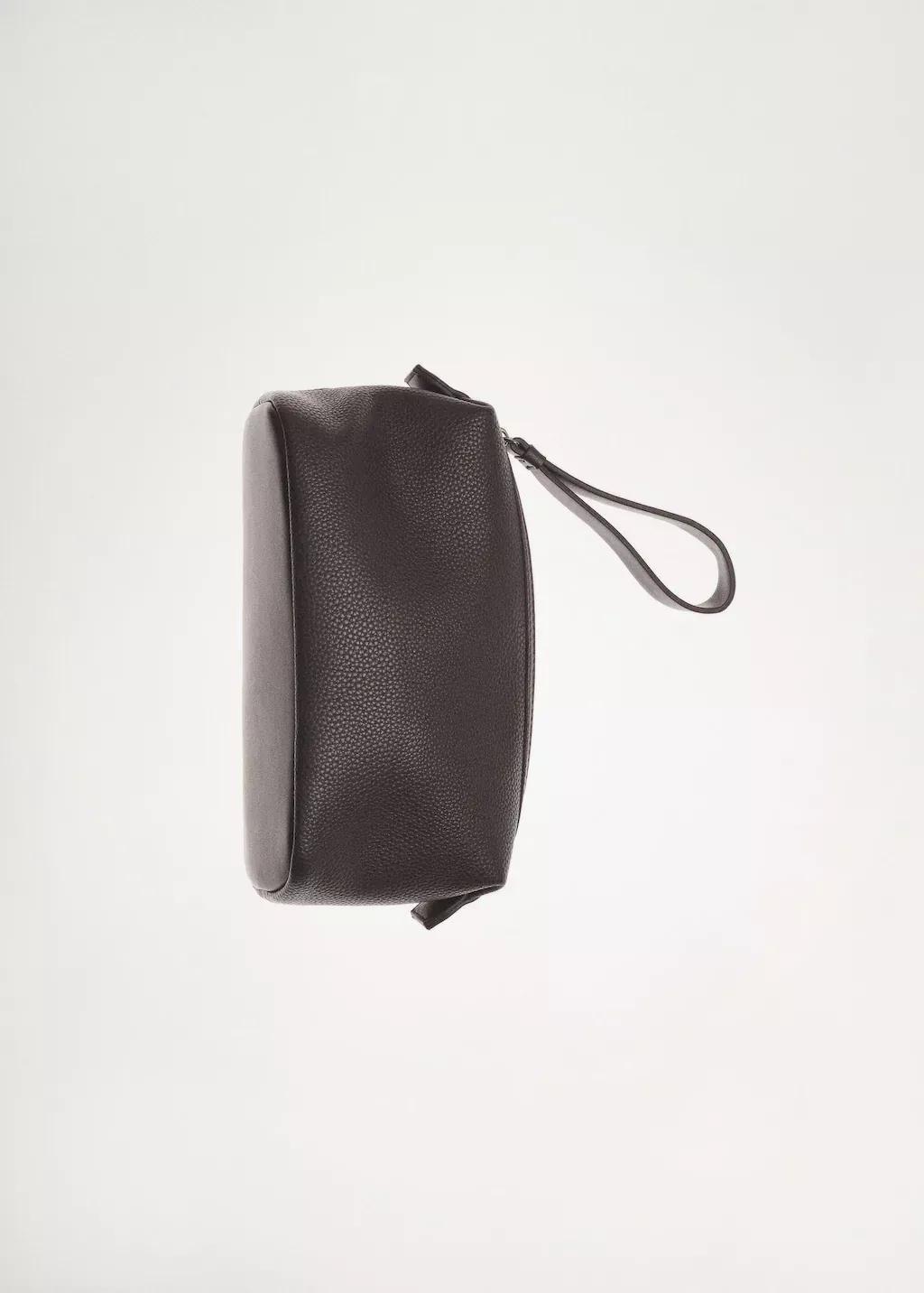 Brown Grained Cosmetic Bag With Contrast Handle, Brown, large image number 6