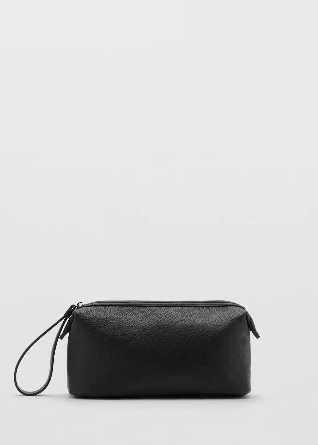 Black Grained Cosmetic Bag With Contrast Handle, Black, large image number 4