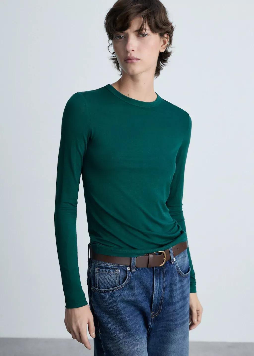 Green Round-Neck Long-Sleeved T-Shirt, , large image number 0