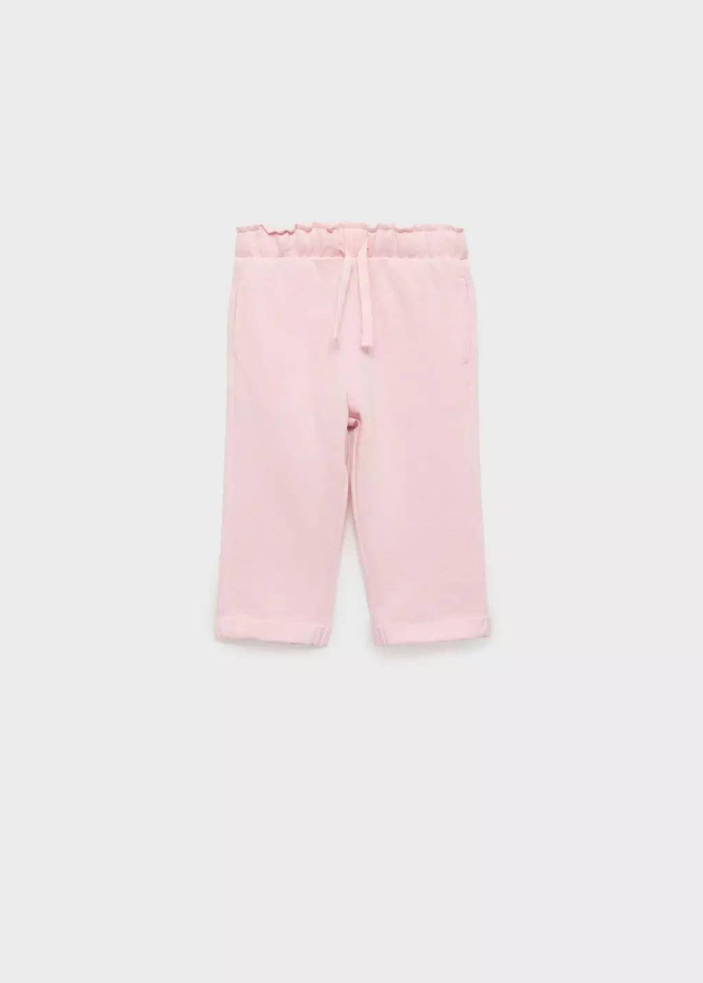 Pink Elastic Waist Cotton Trousers, Baby Girl, , medium