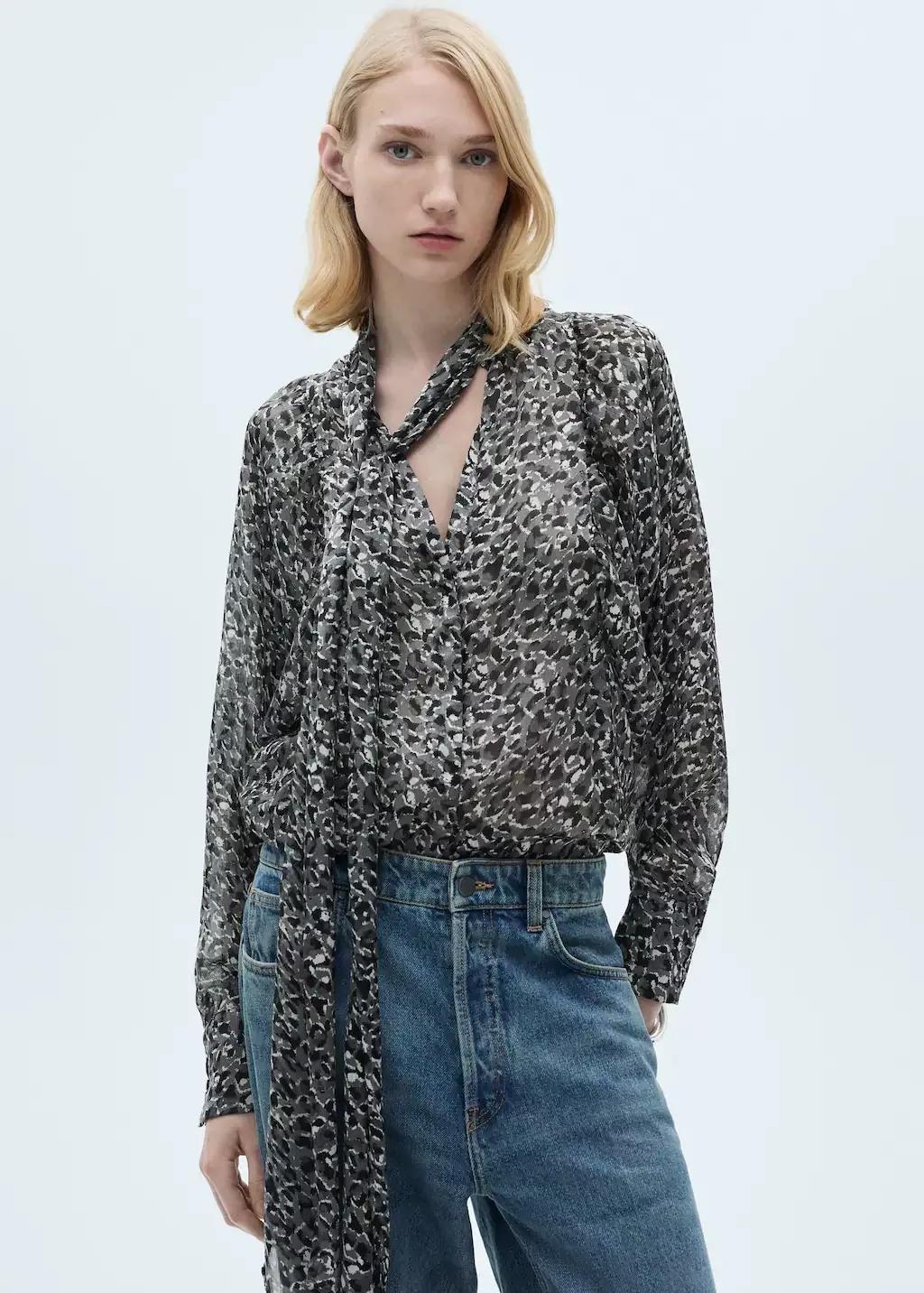Black Leopard-Print Blouse With Collar And Bow, , large image number 0