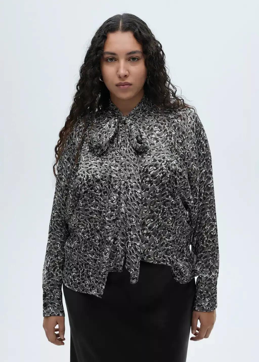 Black Leopard-Print Blouse With Collar And Bow, , large image number 6