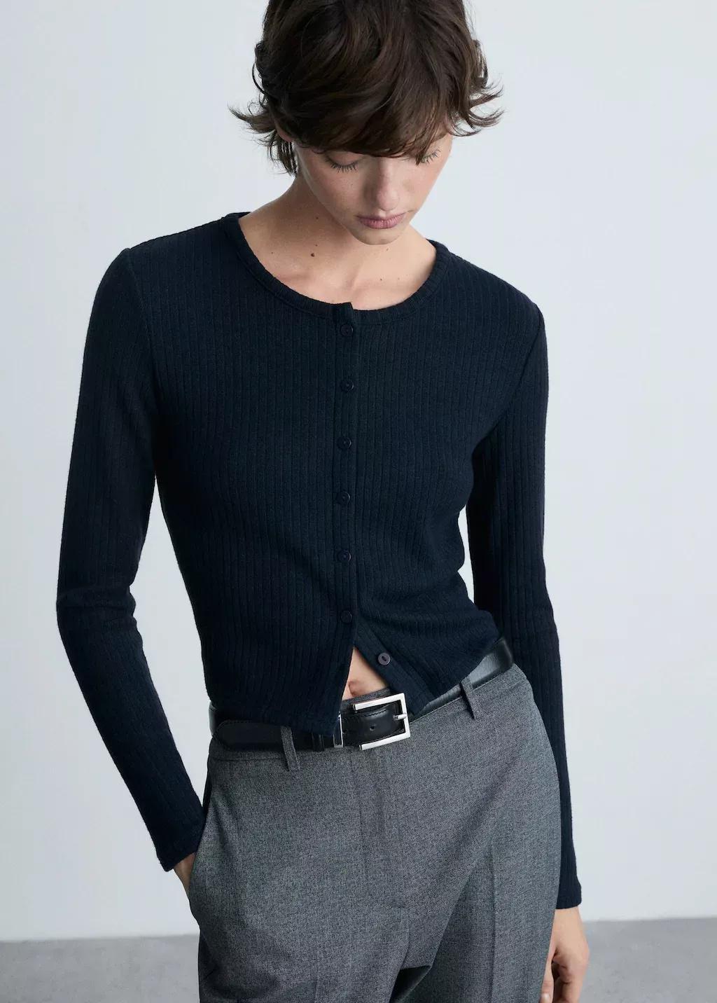 Navy Buttoned Ribbed Cardigan, , medium