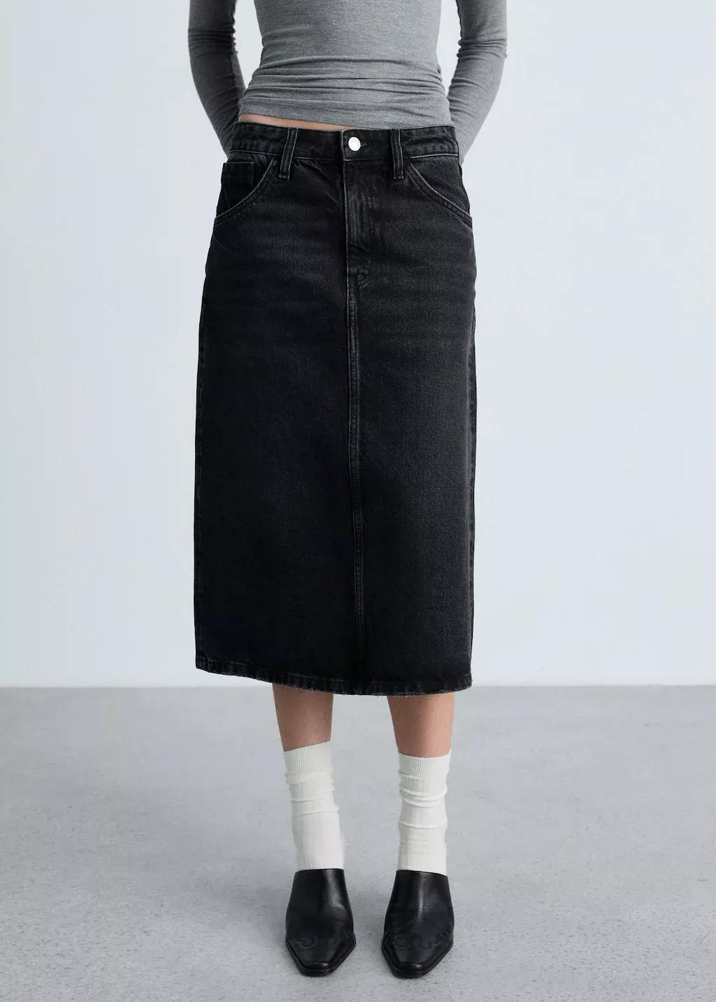 Grey Denim Midi-Skirt, , medium