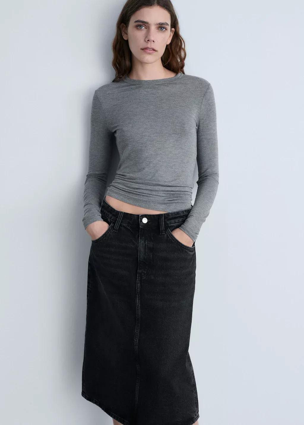 Grey Denim Midi-Skirt, Open Grey, large image number 1