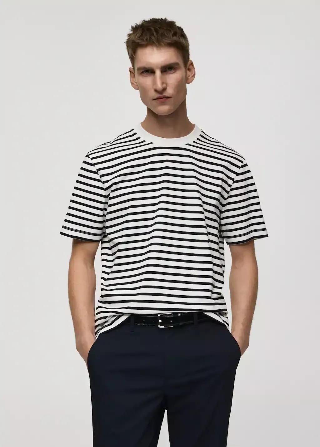 Beige 100% Cotton Striped T-Shirt, , large image number 0
