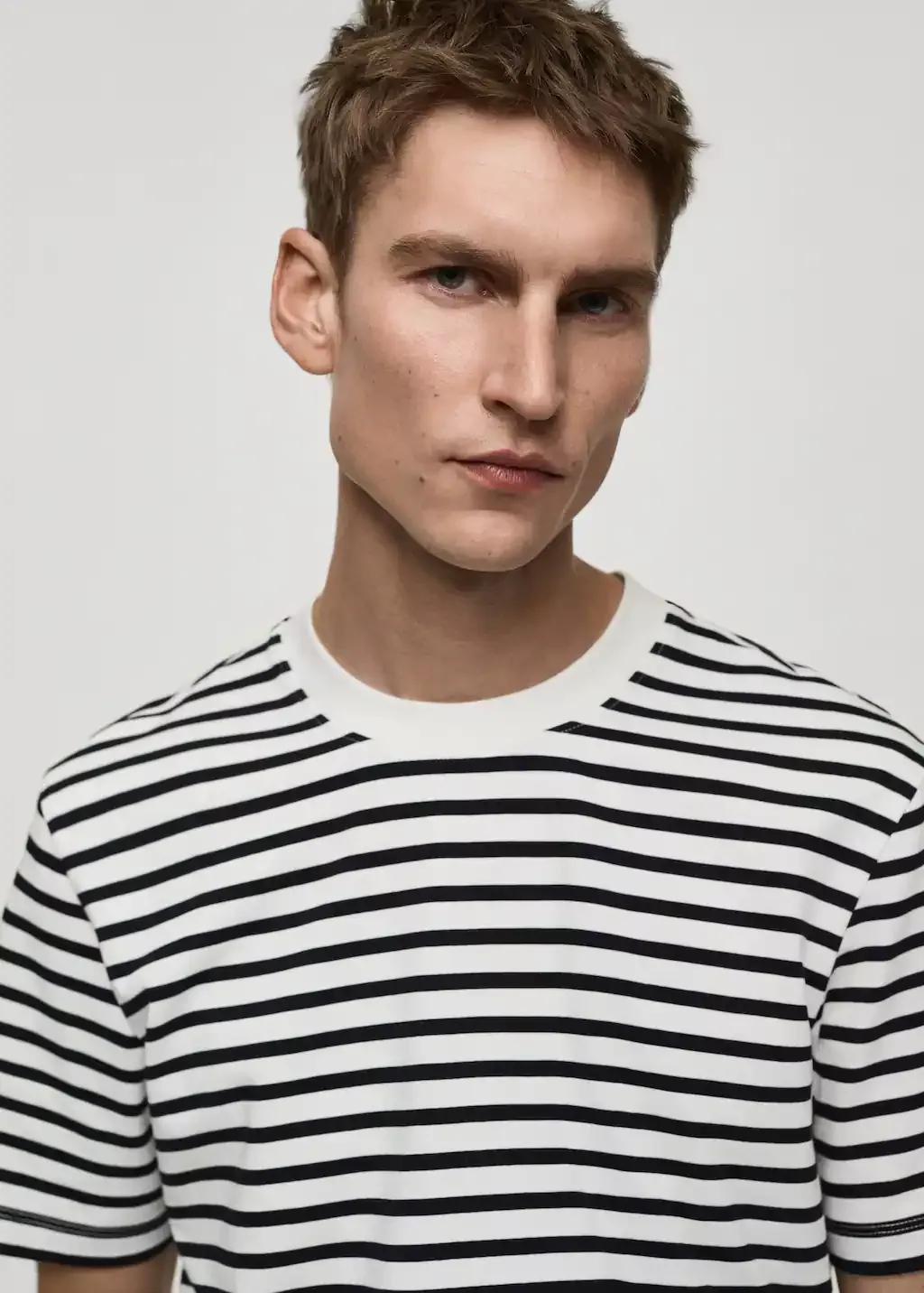 Beige 100% Cotton Striped T-Shirt, , large image number 1