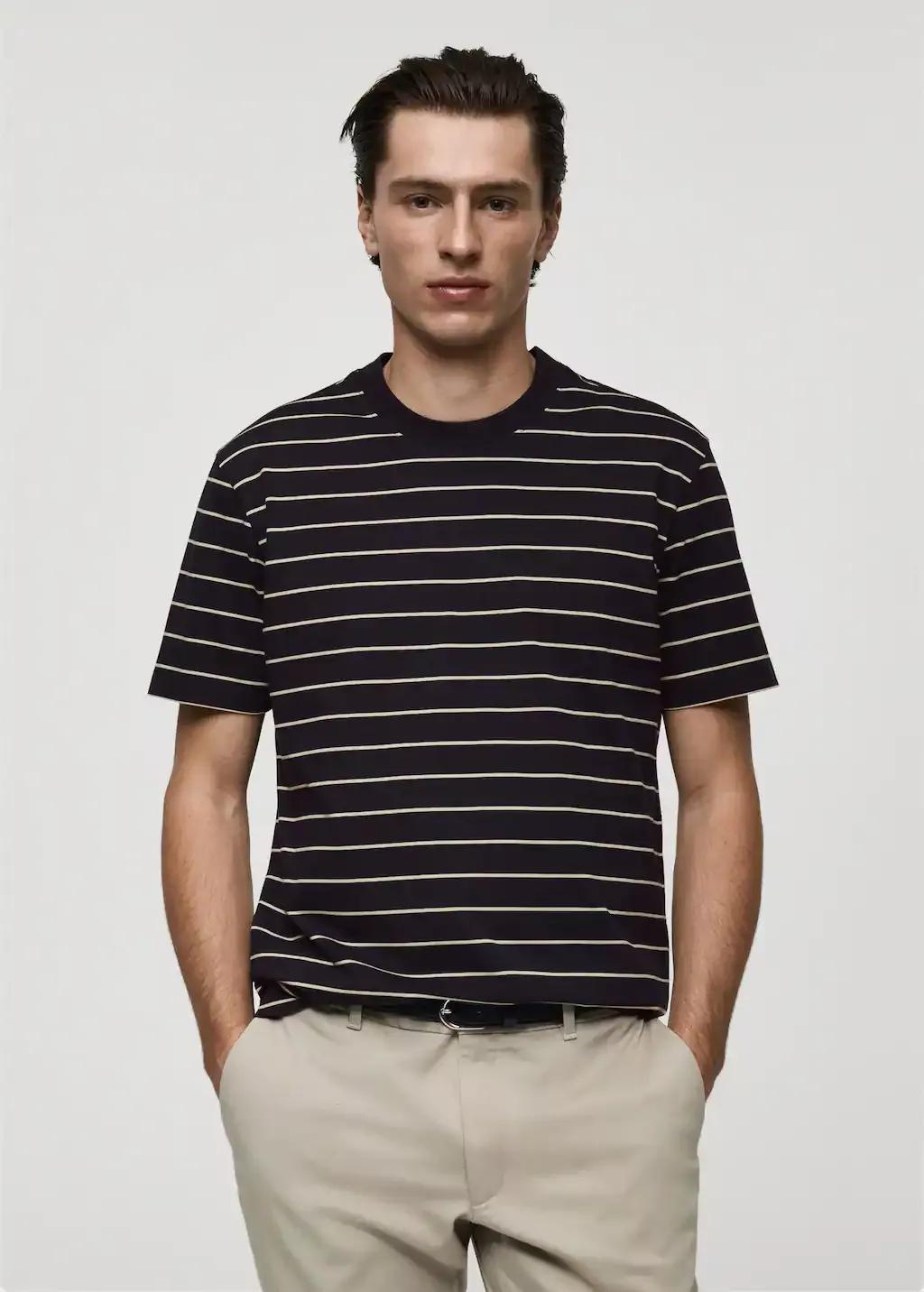 Navy 100% Cotton Striped T-Shirt, , medium