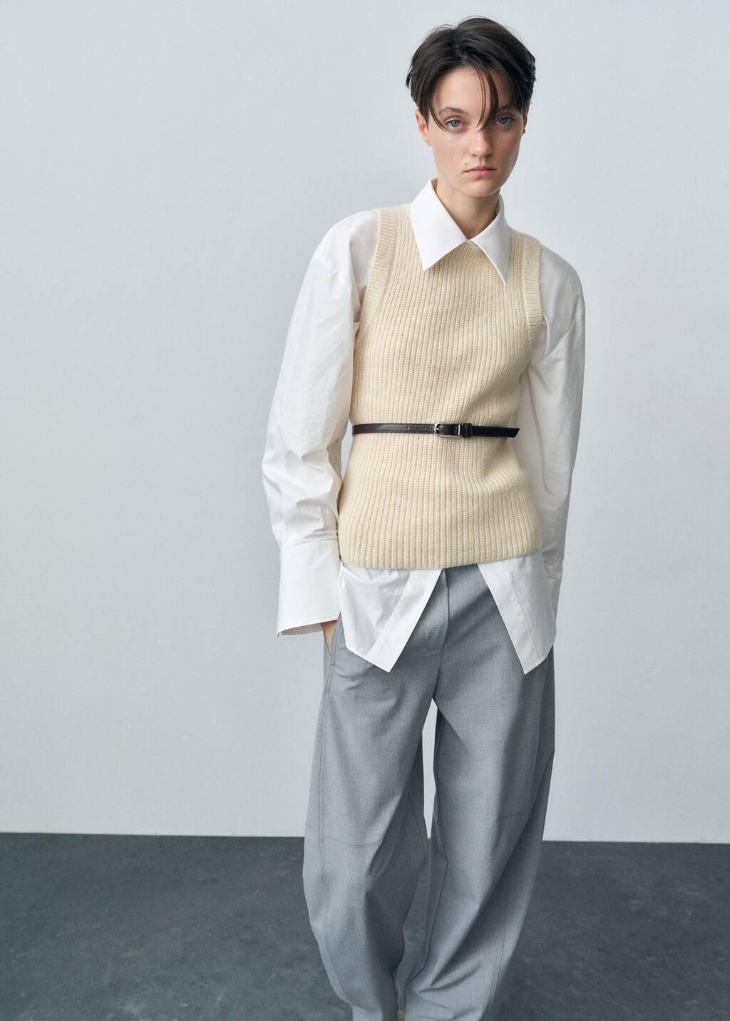 Beige Ribbed Wool-Blend Top, , medium