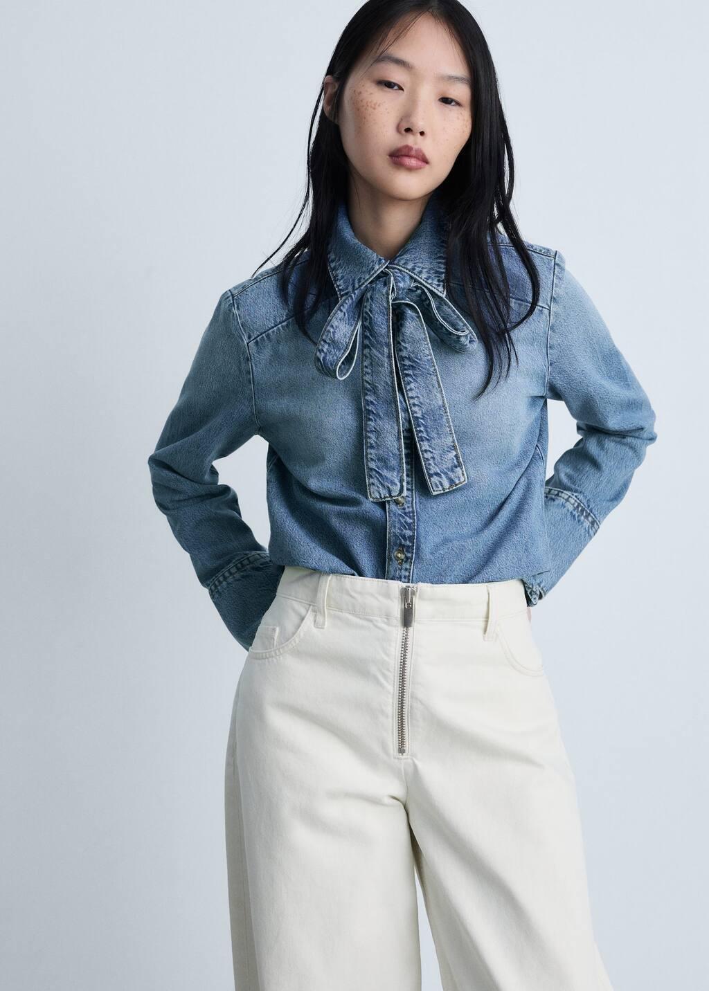 Blue Denim Shirt With Bow, , medium