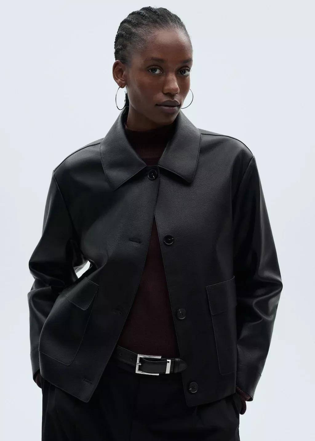 Black Leather-Effect Jacket With Pockets, , large image number 6