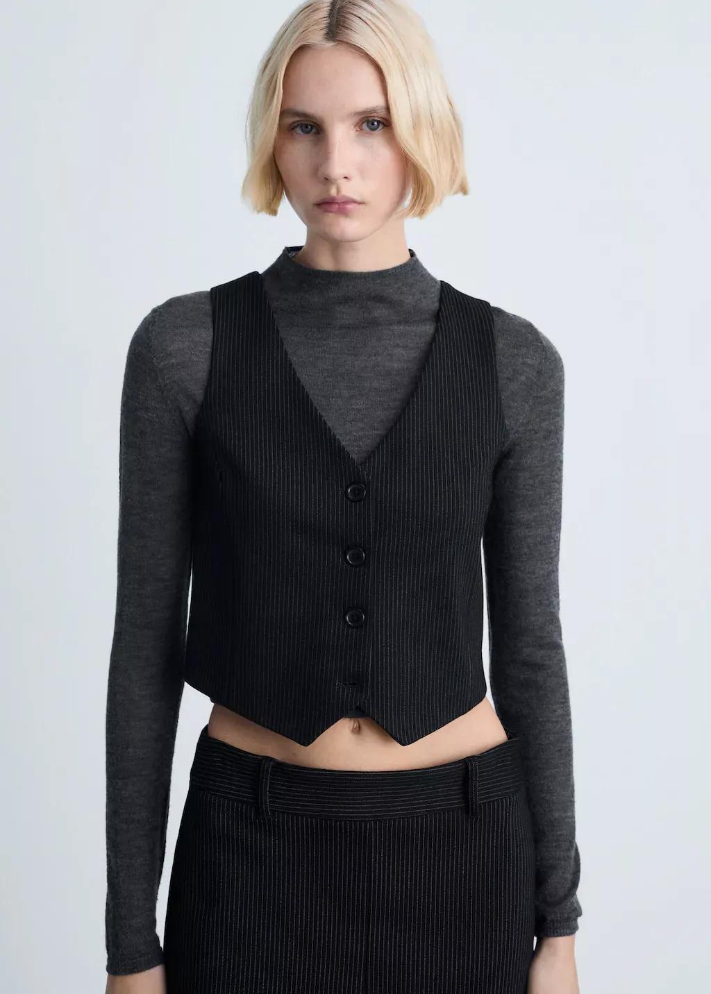 Black Pinstriped Suit Waistcoat, , large image number 0