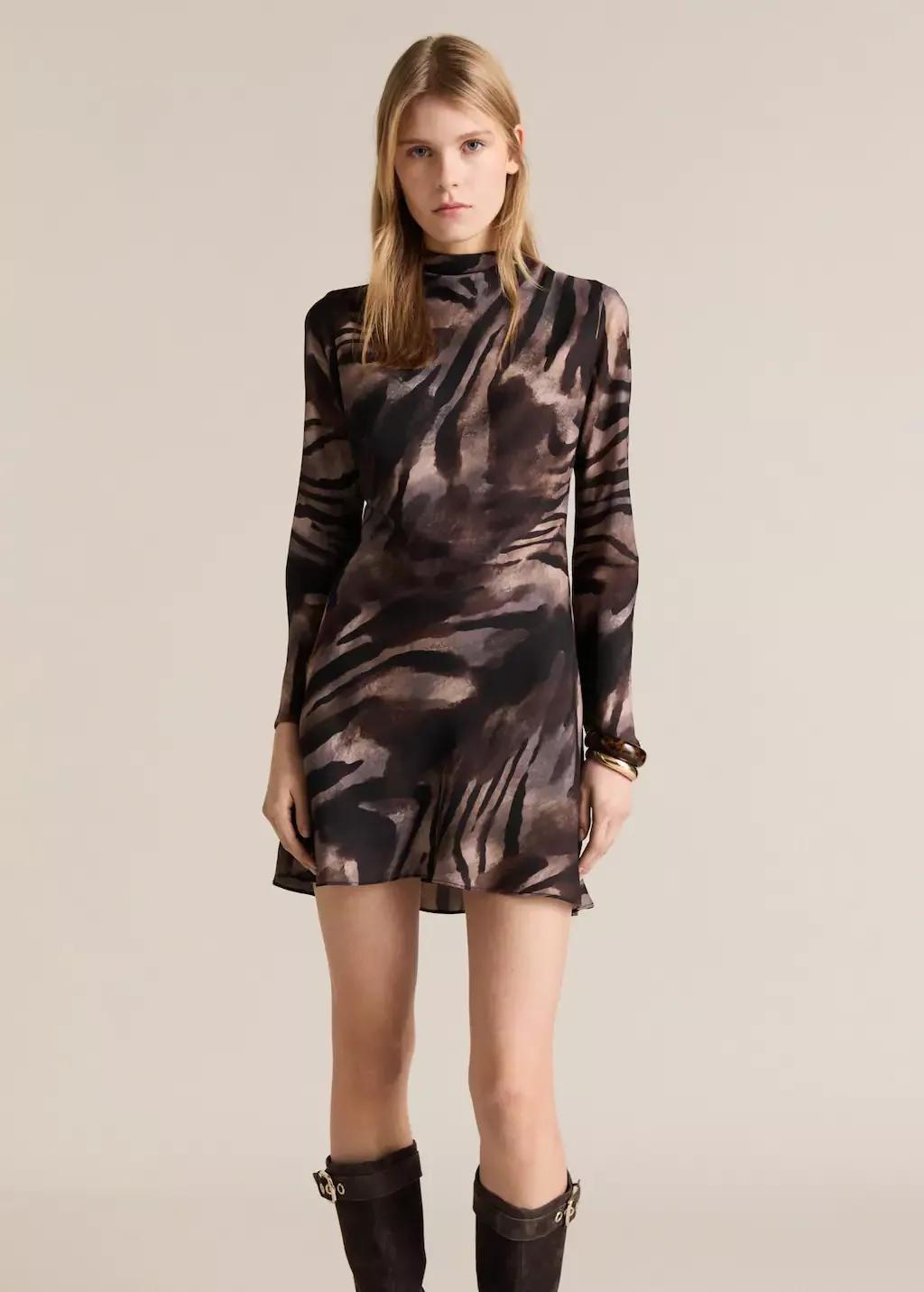 Brown Short Satin Animal Print Dress, , large image number 0