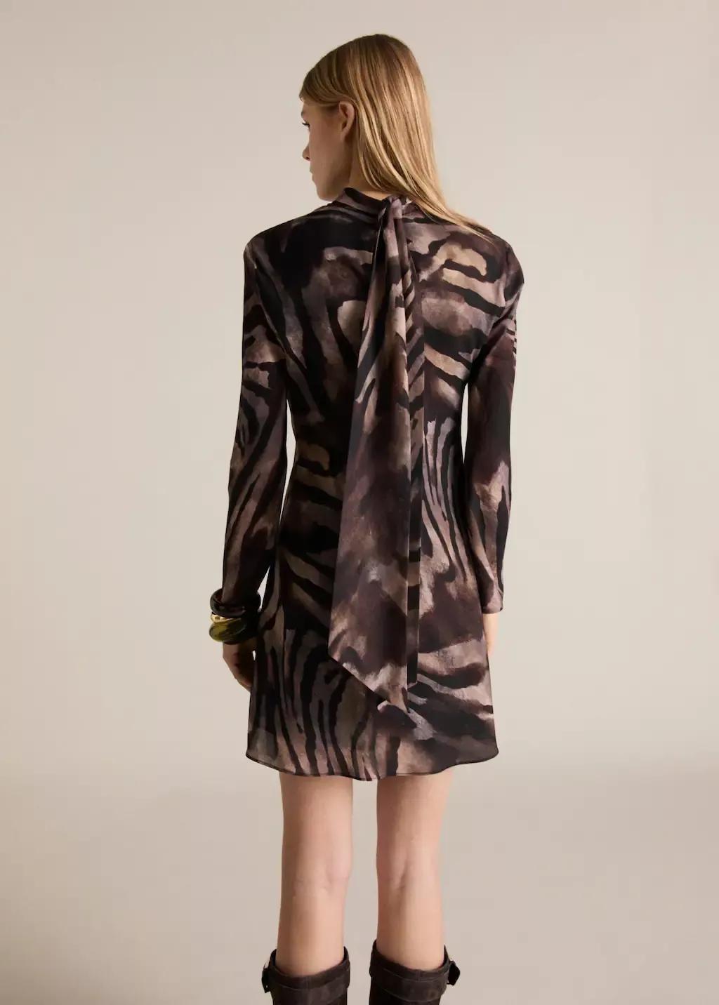 Brown Short Satin Animal Print Dress, , large image number 5