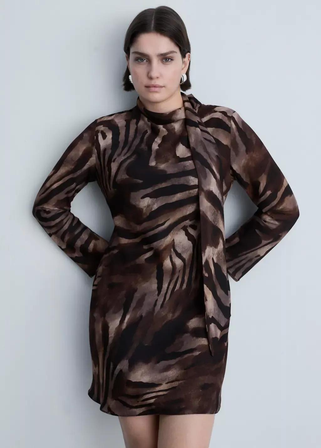 Brown Short Satin Animal Print Dress, , large image number 7