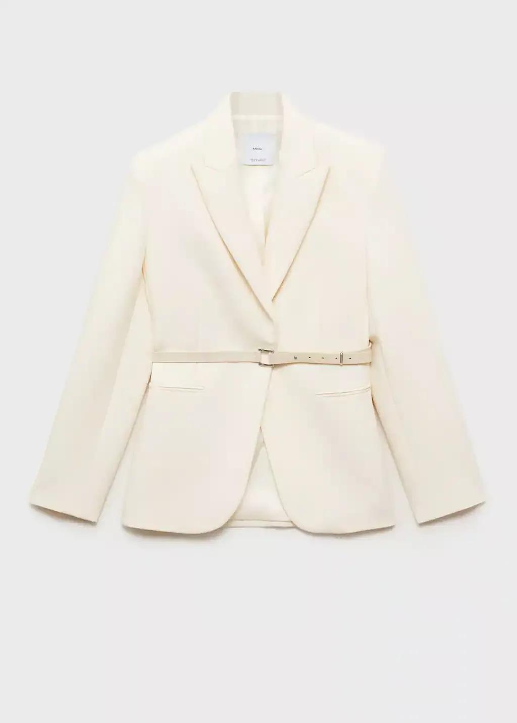 Beige Plain Belted Blazer, Light Beige, large image number 4