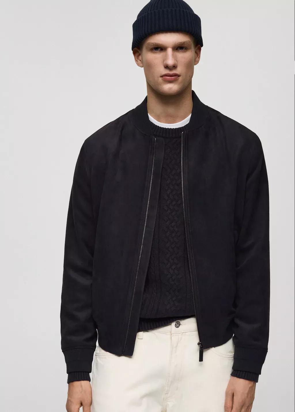 Blue Suede-Effect Bomber Jacket, , medium