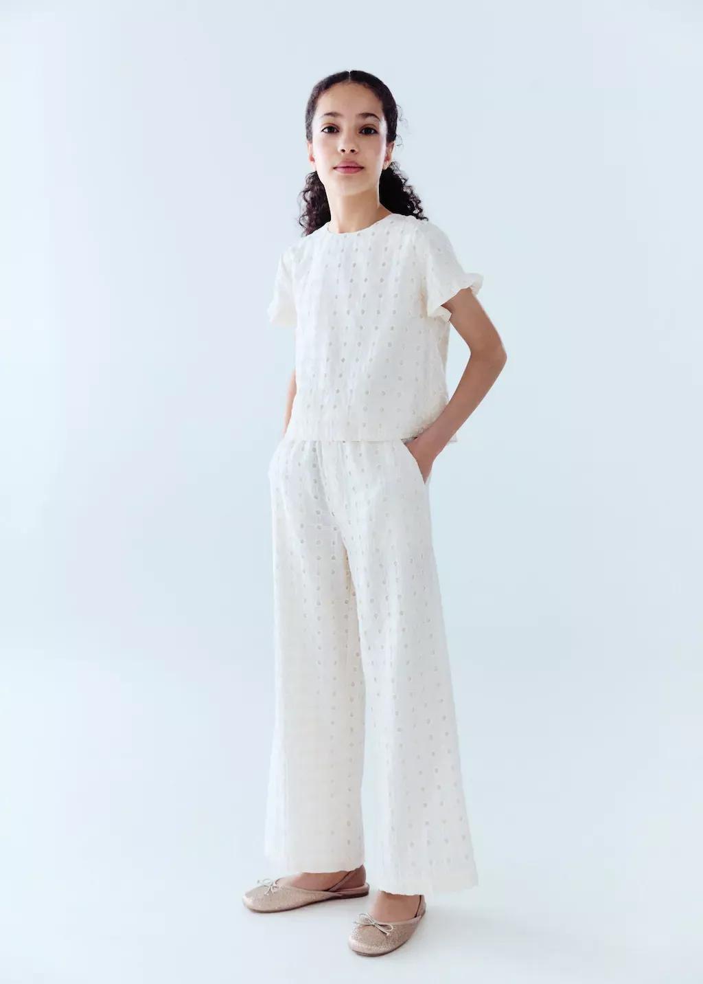 Beige Swiss Embroidered Culotte Trousers, Kids Girl, , large image number 3