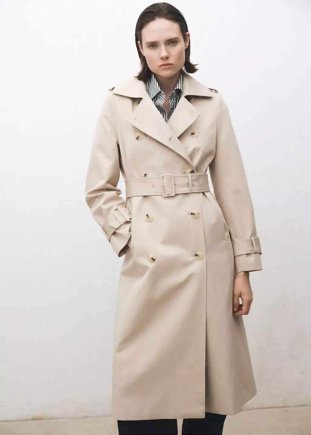Beige Double-Breasted Cotton Trench Coat, , large image number 0