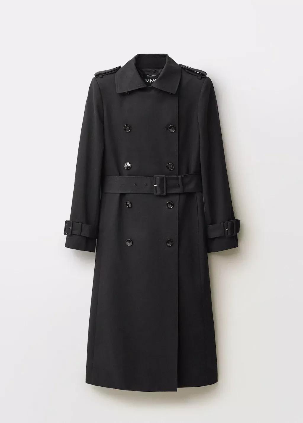 Black Double-Breasted Cotton Trench Coat, , large image number 4