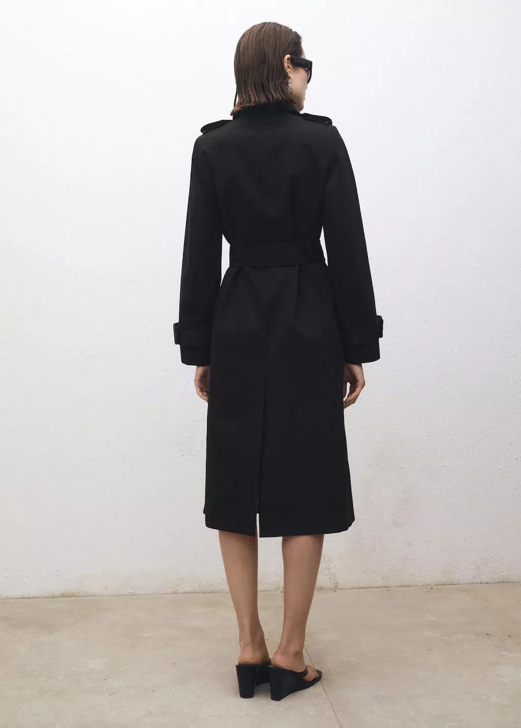 Black Double-Breasted Cotton Trench Coat, , large image number 6