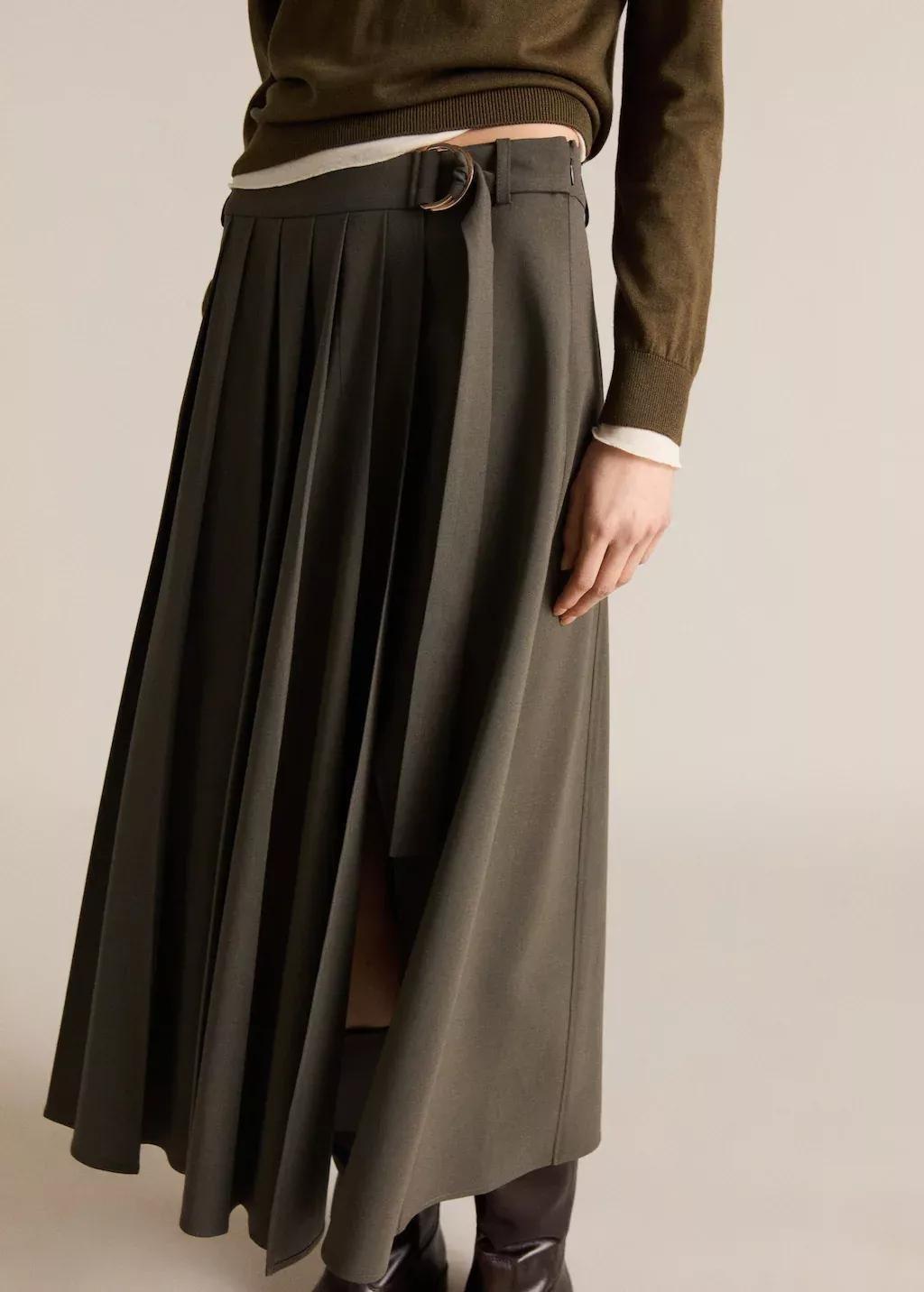 Khaki Pleated Skirt With Belt, , large image number 0