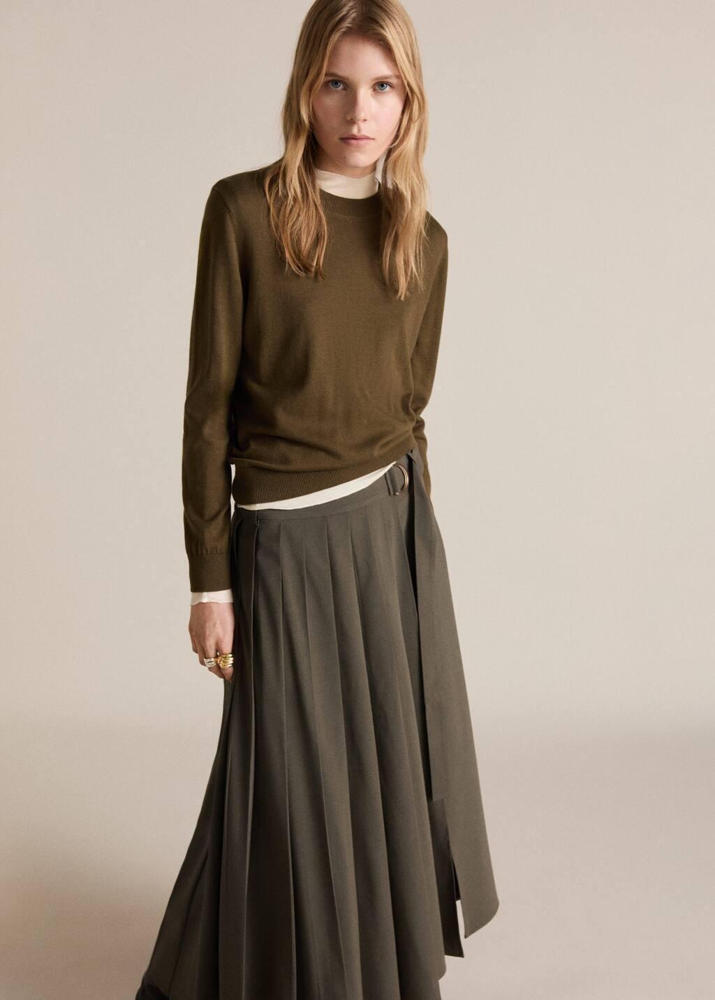 Khaki Pleated Skirt With Belt, , large image number 1