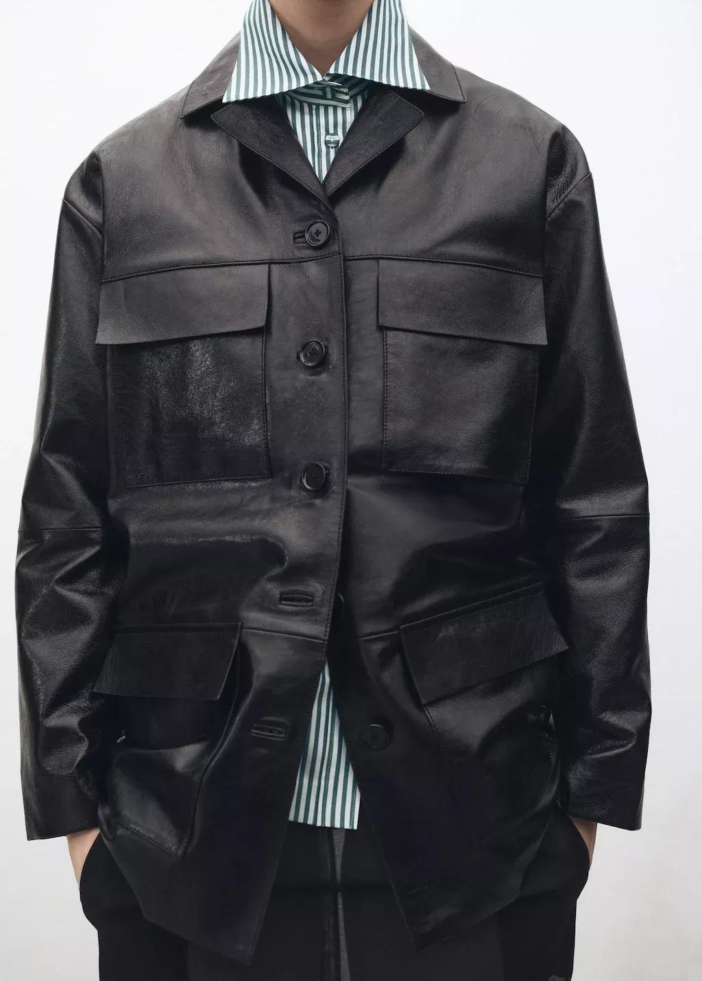 Black Oversized Leather Jacket With Pockets, , medium