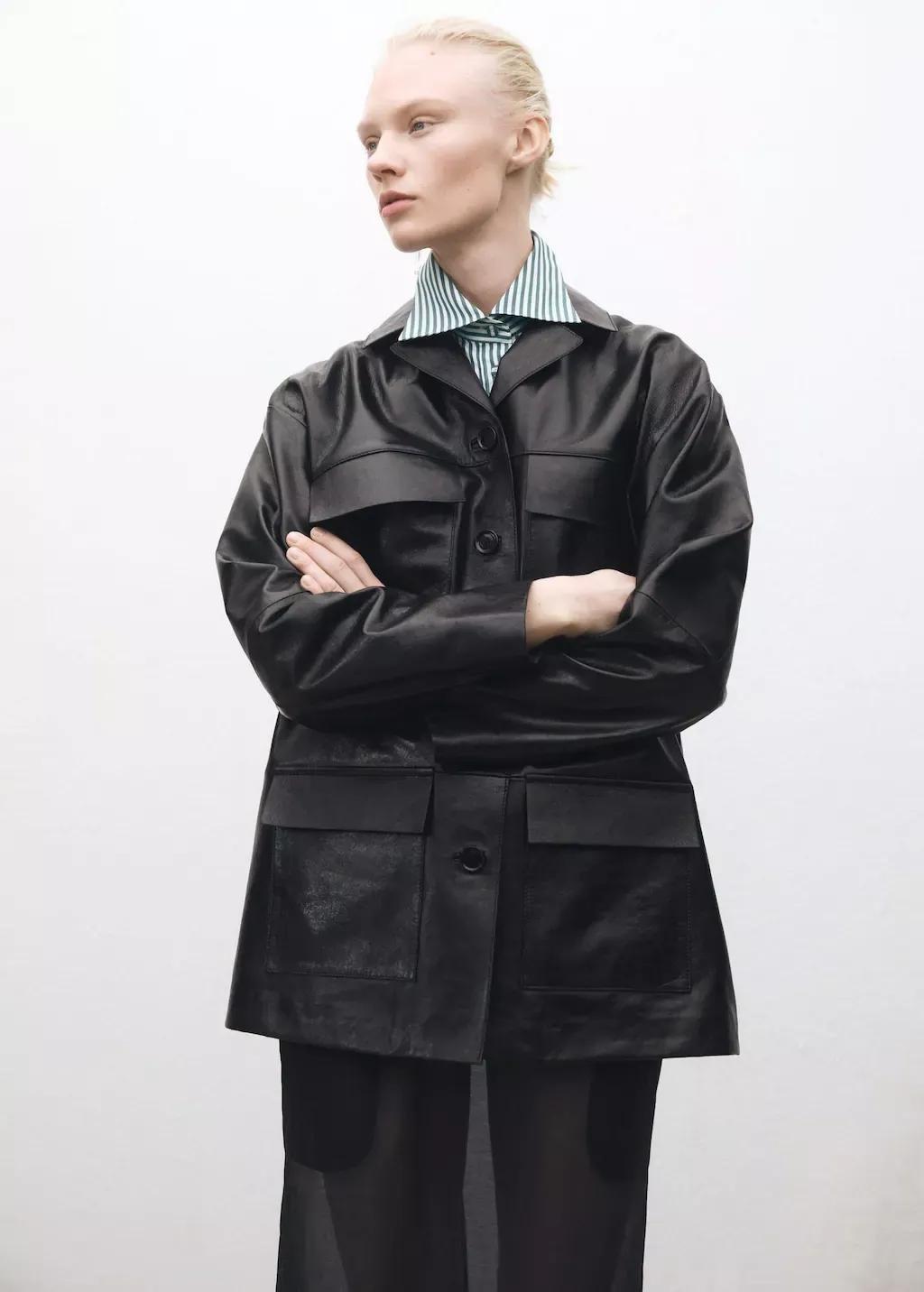 Black Oversized Leather Jacket With Pockets, , large image number 1