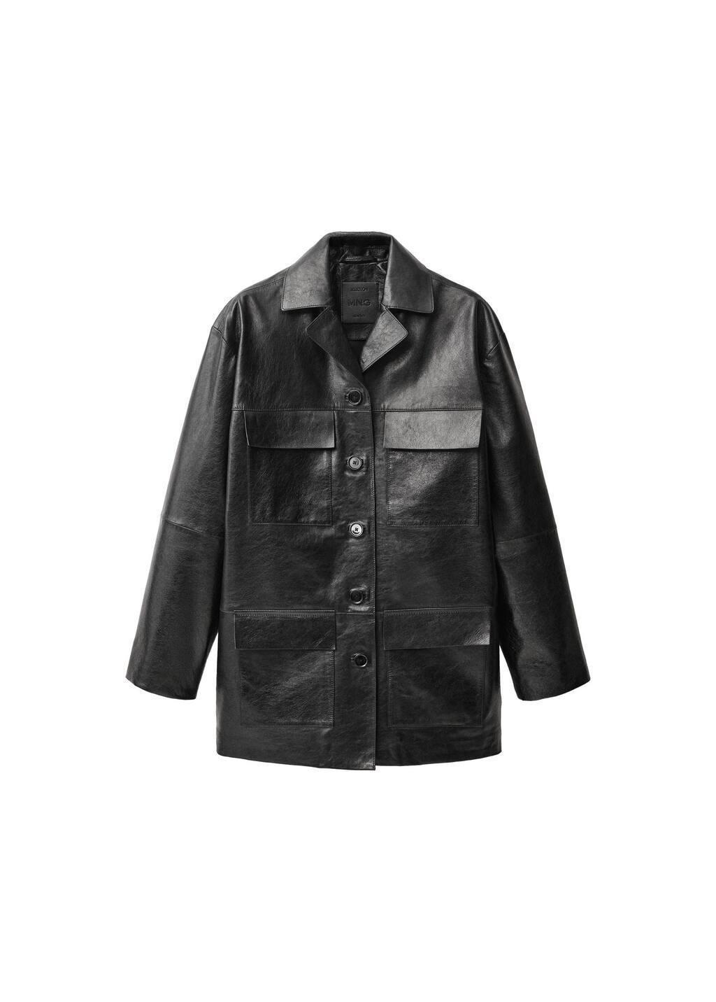 Black Oversized Leather Jacket With Pockets, , large image number 2
