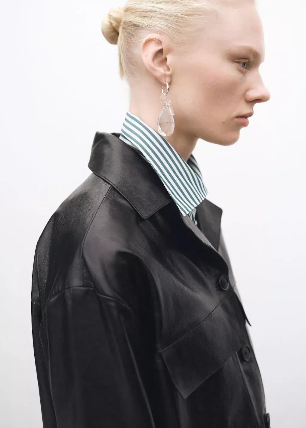 Black Oversized Leather Jacket With Pockets, , large image number 3