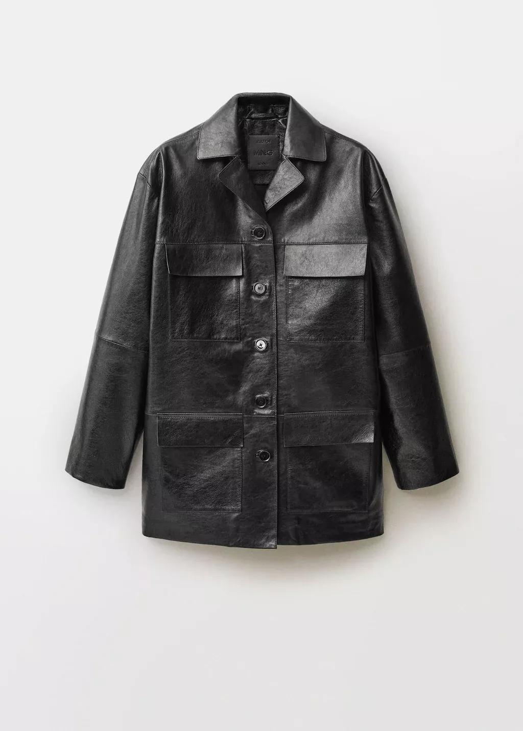 Black Oversized Leather Jacket With Pockets, , large image number 4