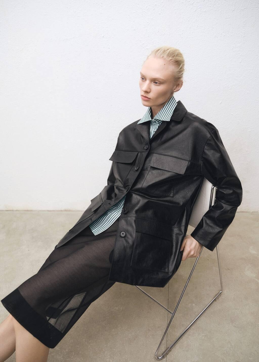 Black Oversized Leather Jacket With Pockets, , large image number 5