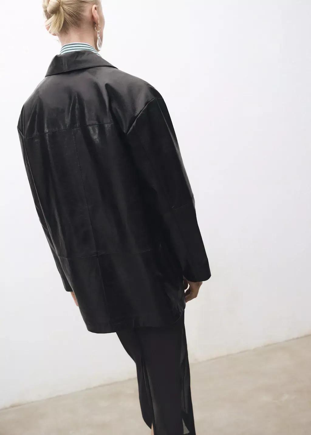 Black Oversized Leather Jacket With Pockets, , large image number 7