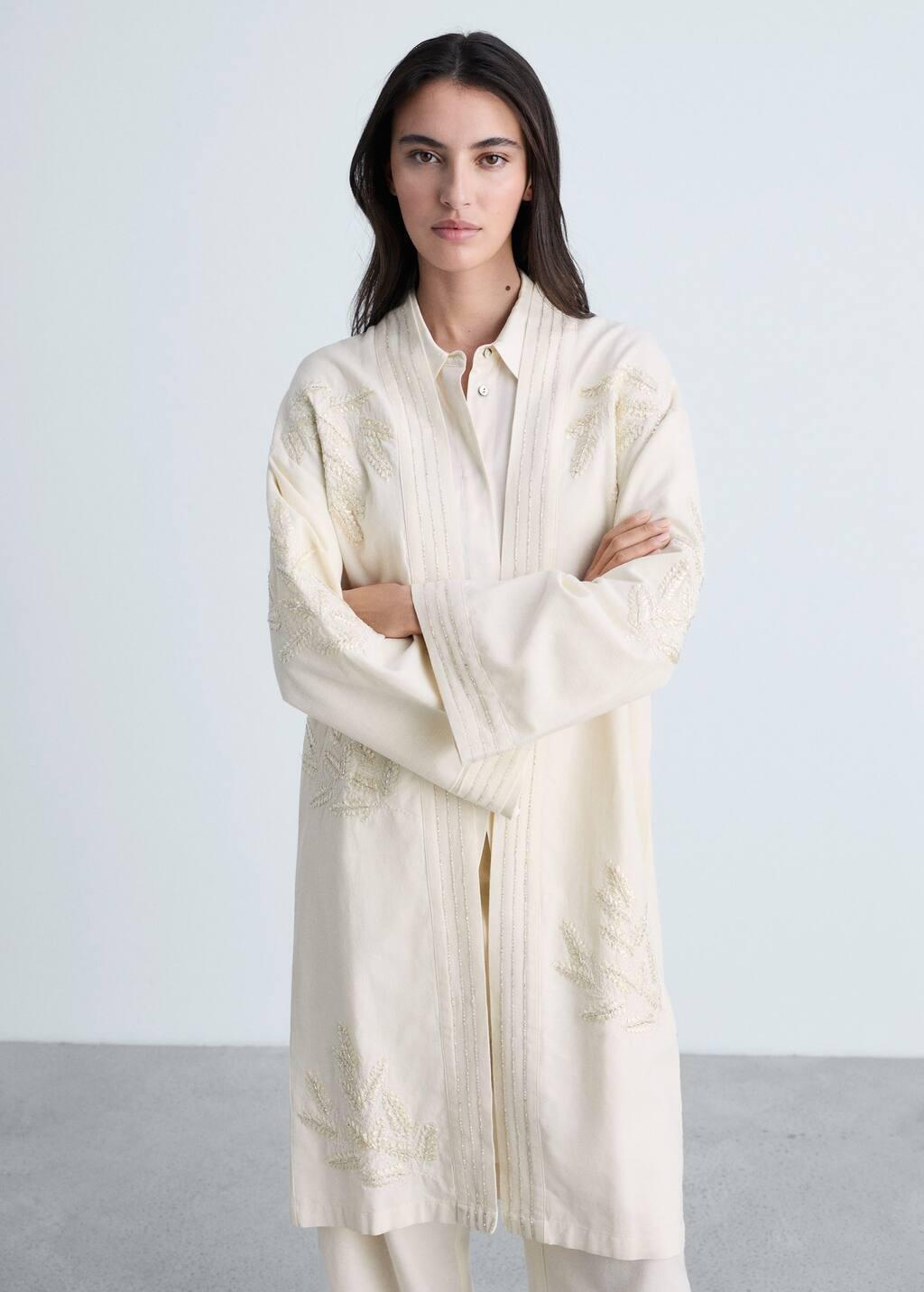 White Embroidered Cotton Caftan, , medium