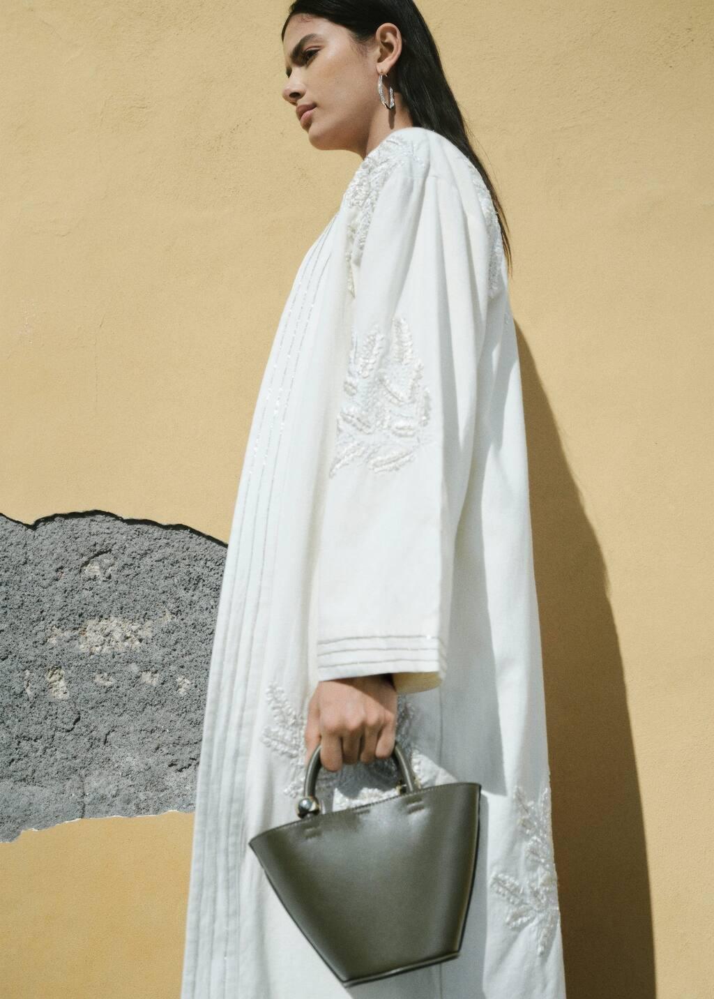 White Embroidered Cotton Caftan, , large image number 5