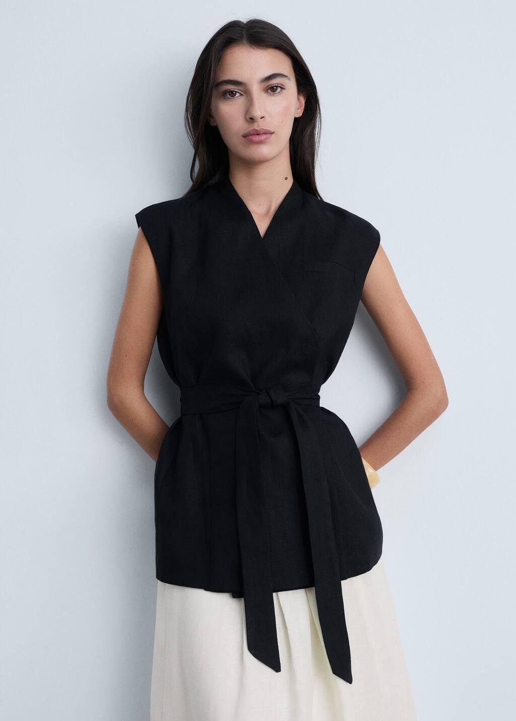 Black Linen Vest With Belt, , medium