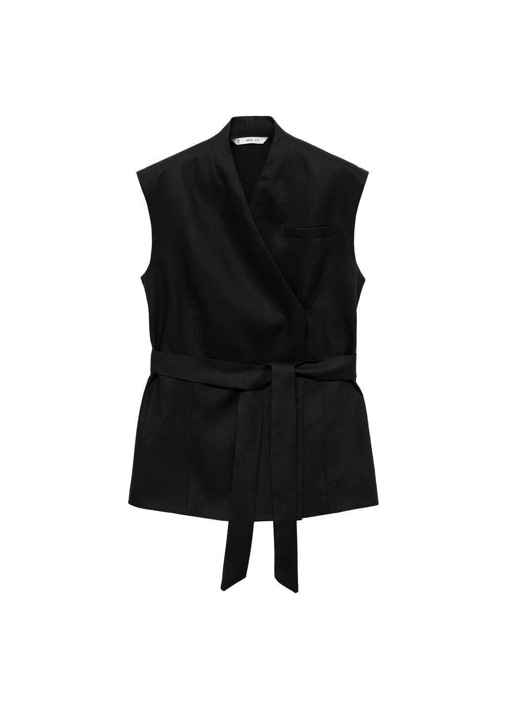 Black Linen Vest With Belt, , large image number 2
