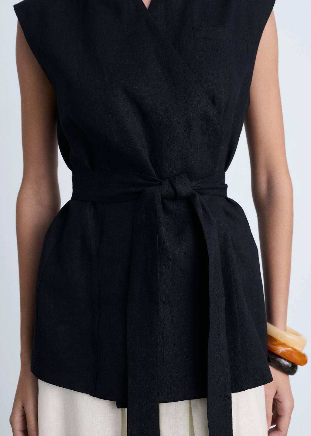 Black Linen Vest With Belt, , large image number 3