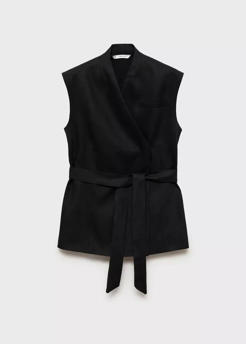 Black Linen Vest With Belt, , large image number 4