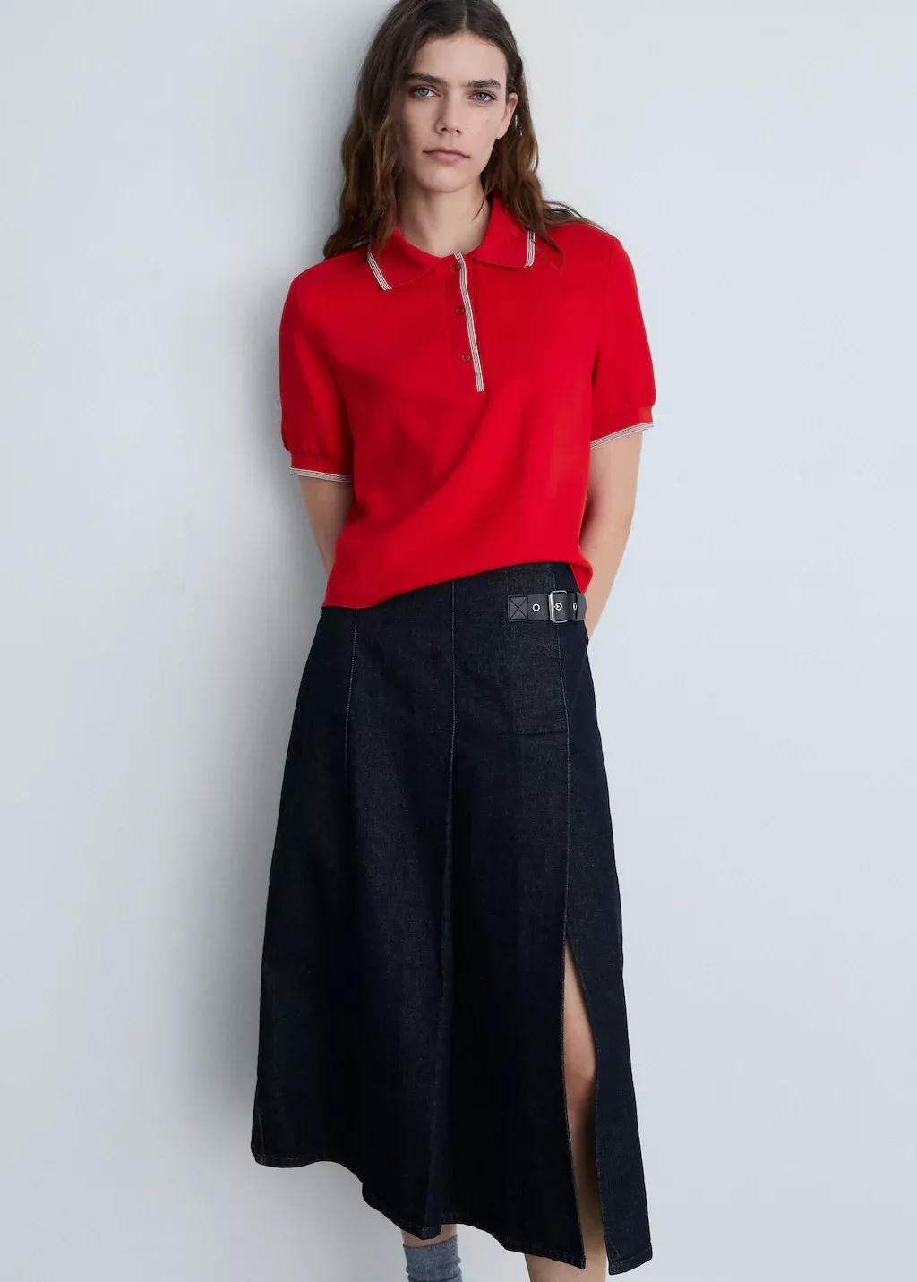 Red Cropped Polo Shirt With Contrasting Trim, , large image number 1