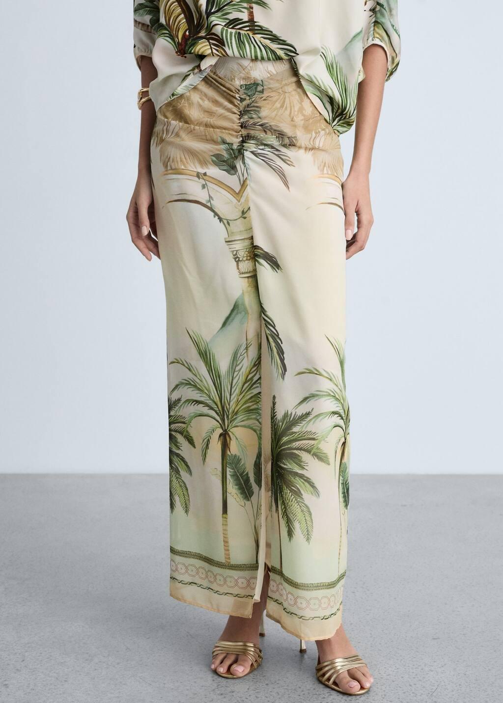 Beige Tropical Print Straight Skirt, , medium