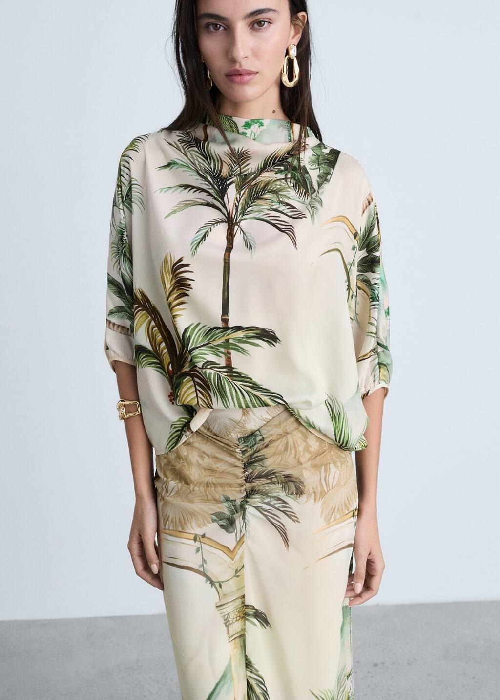 Beige Tropical Print Straight Skirt, , large image number 1
