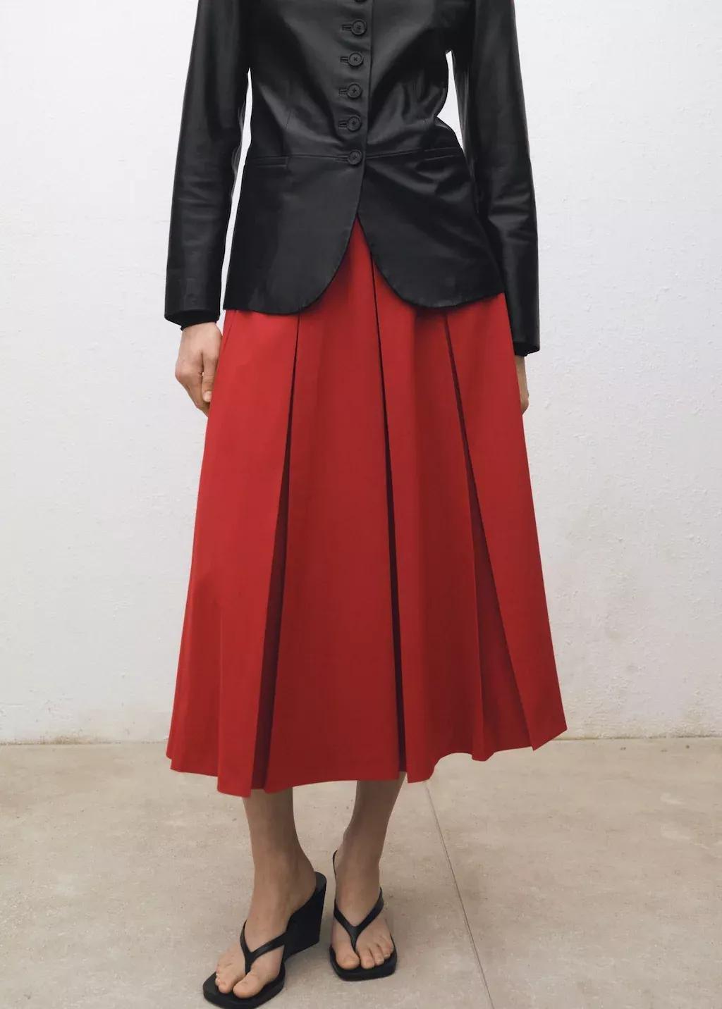 Red Wool-Blend Pleated Skirt, , medium