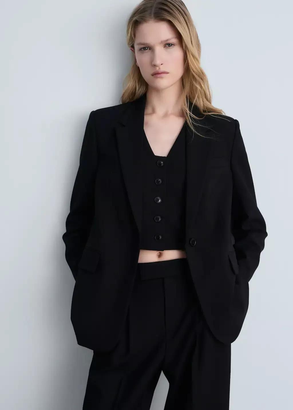 Black Straight Jacket With Flap Pockets, , large image number 0