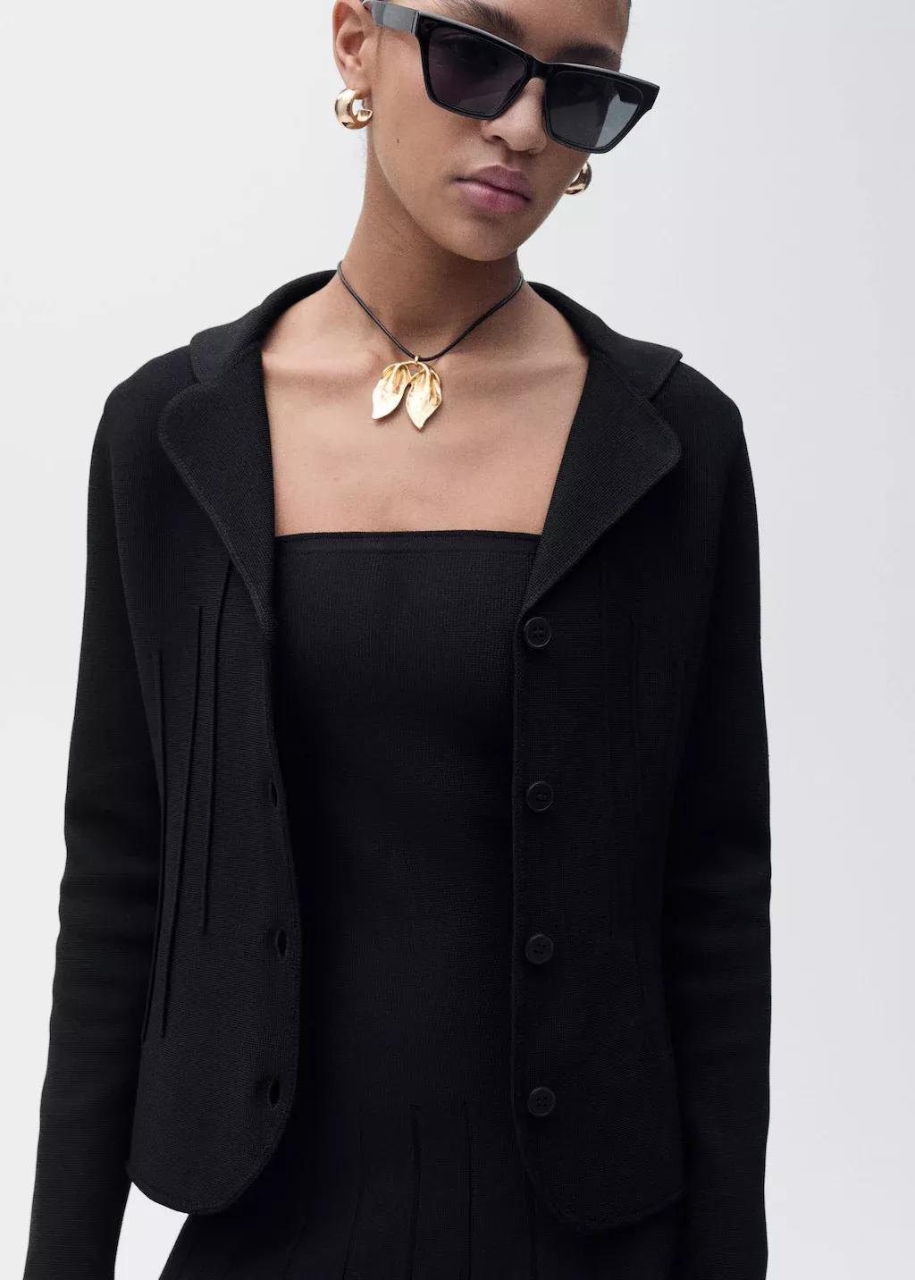 Black Lapel Collar Knitted Jacket, , large image number 0