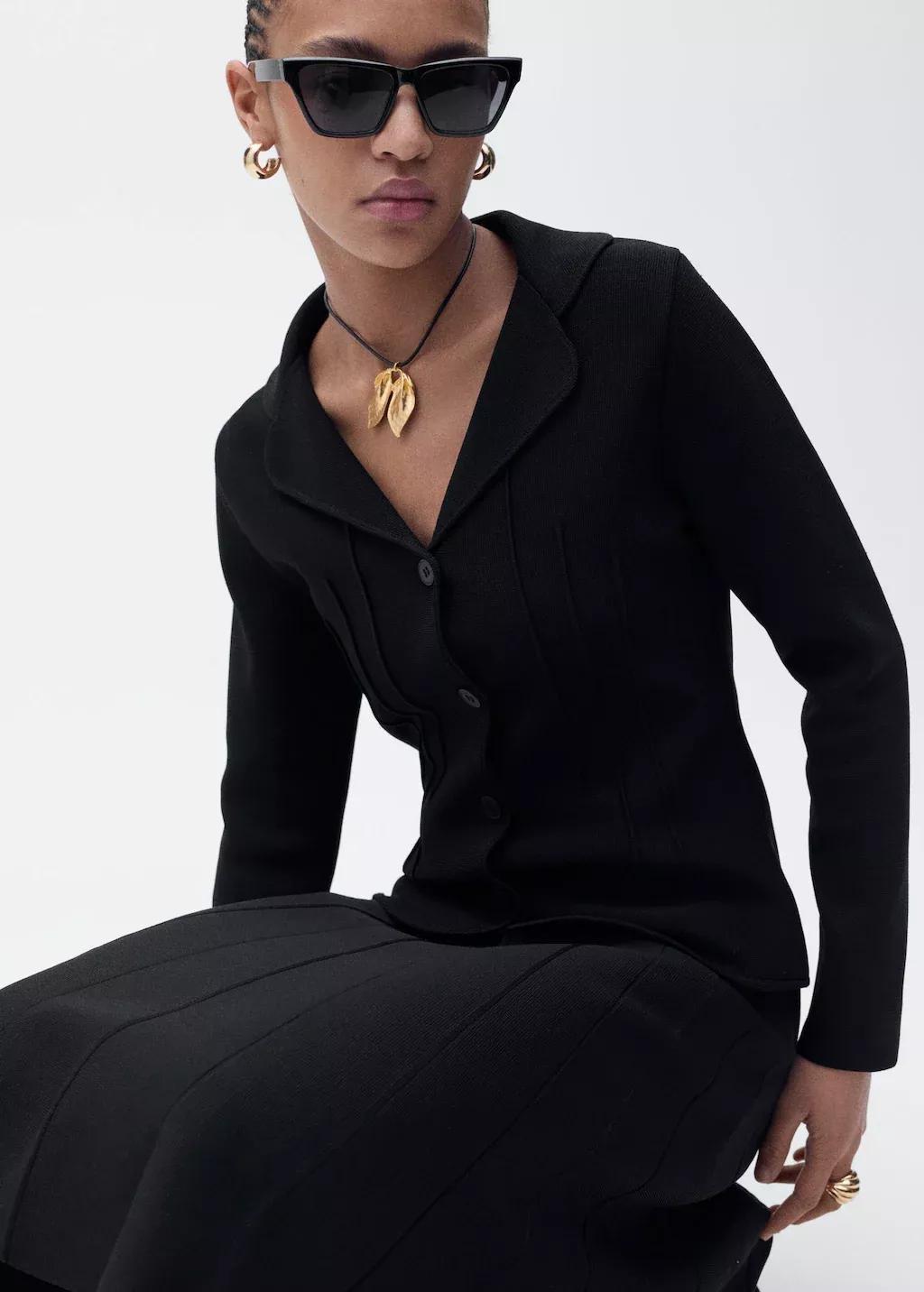 Black Lapel Collar Knitted Jacket, , large image number 2